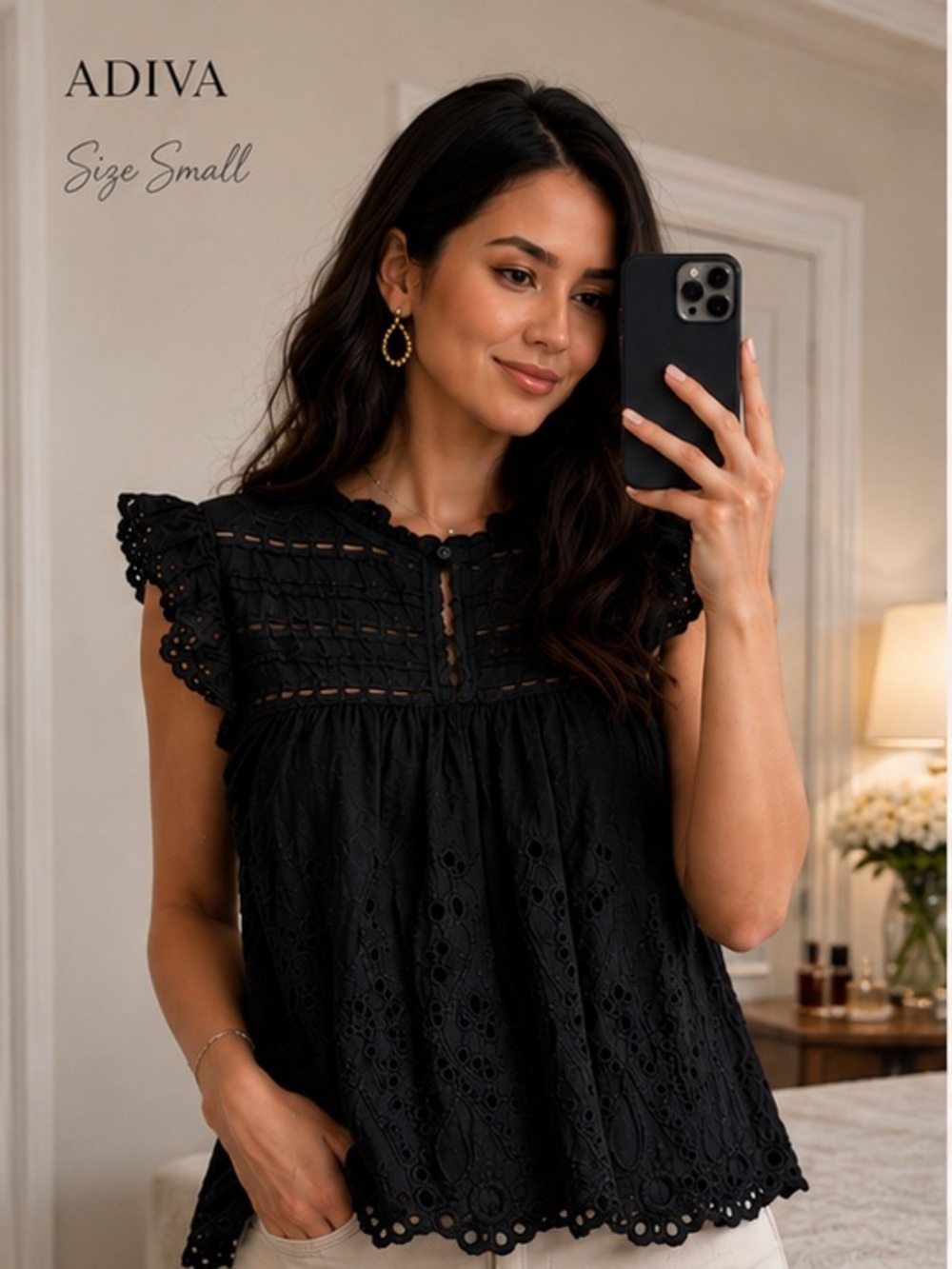 Adiva Black Eyelet Lace Cotton Blouse Size Small Boho Romantic Top